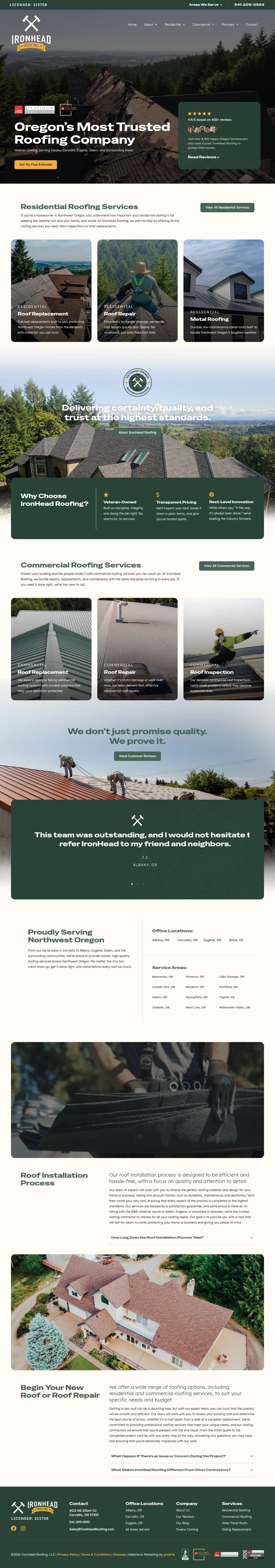 IronHead Roofing website design, full page