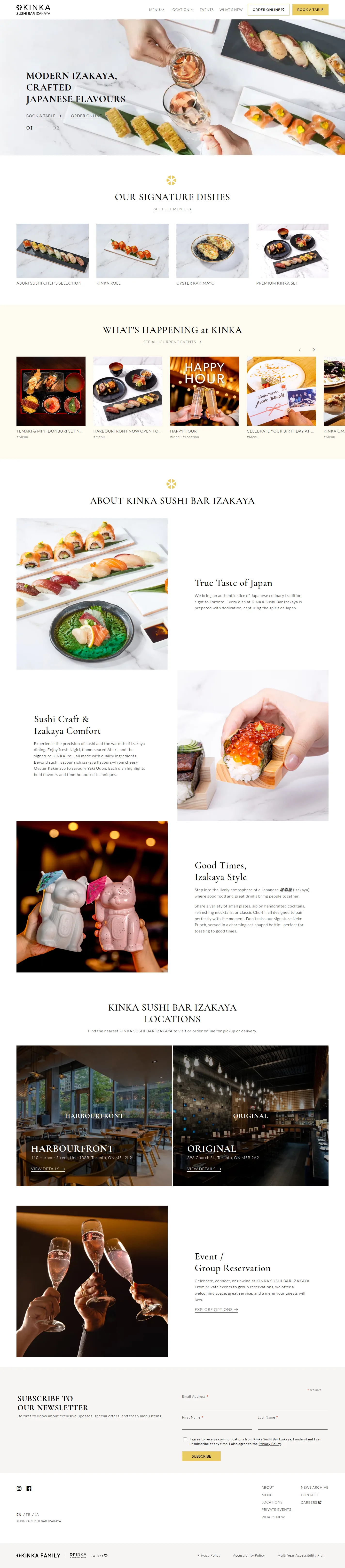 Kinka Sushi Bar Izakaya website design, full page