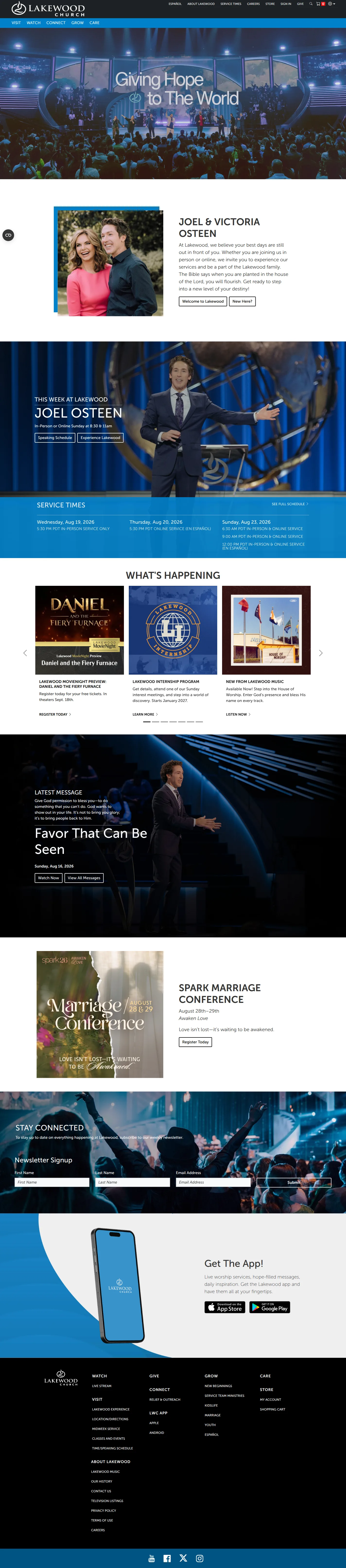 Lakewood Church website design, full page