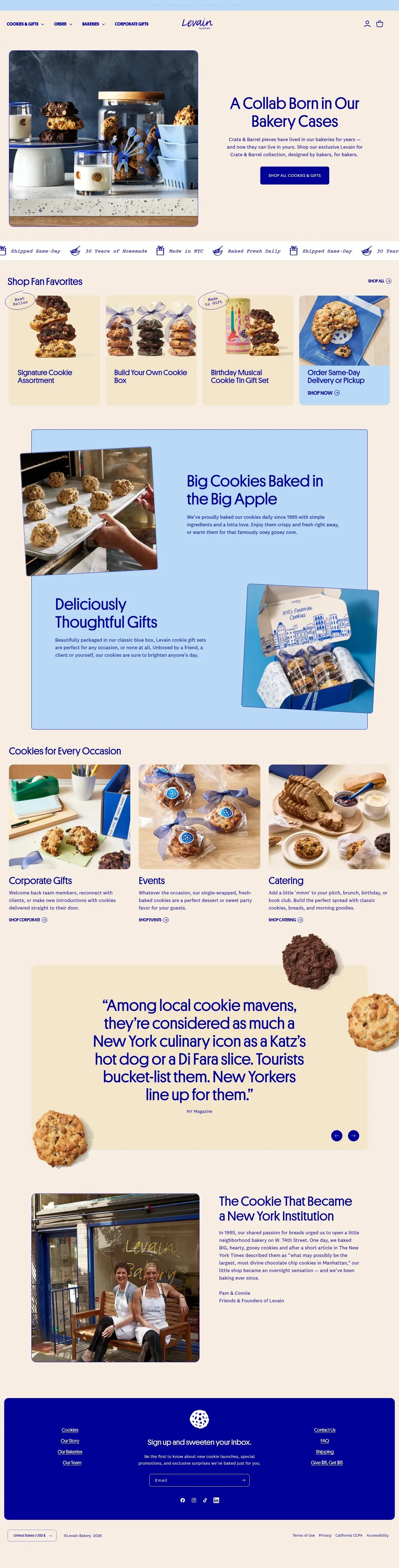 Levain Bakery website design, full page