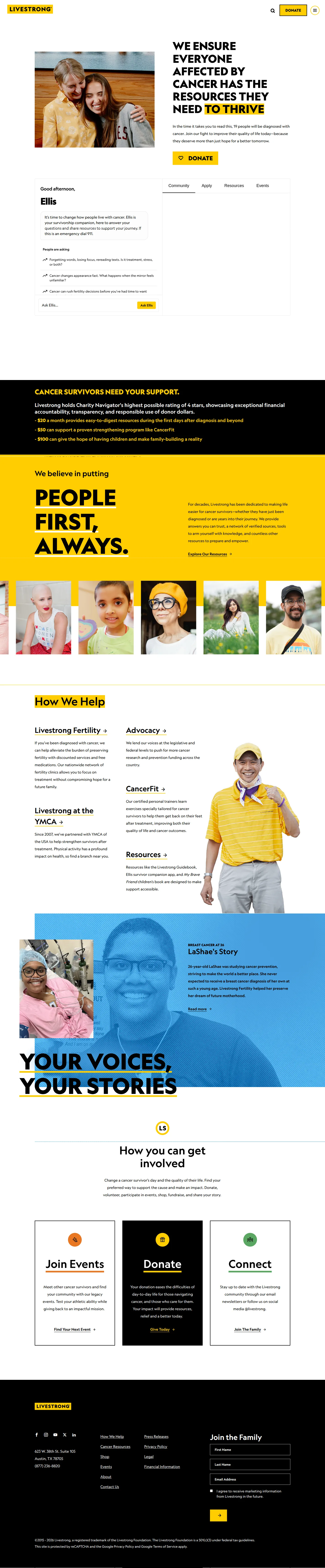 Livestrong website design, full page