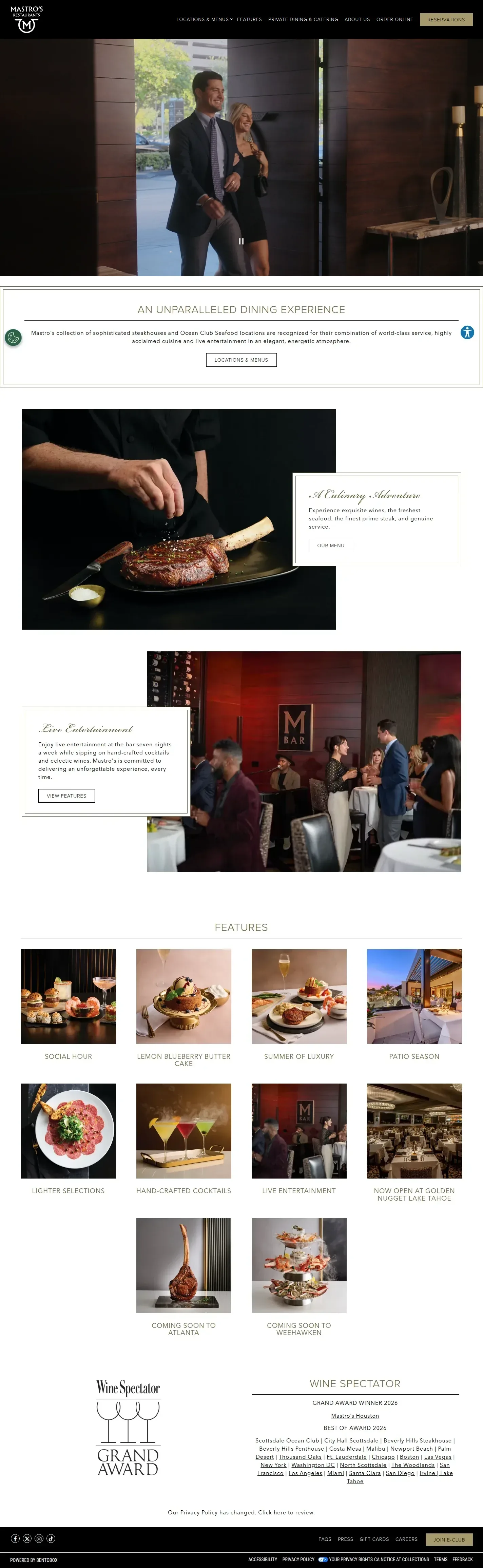 Mastro's website design, full page