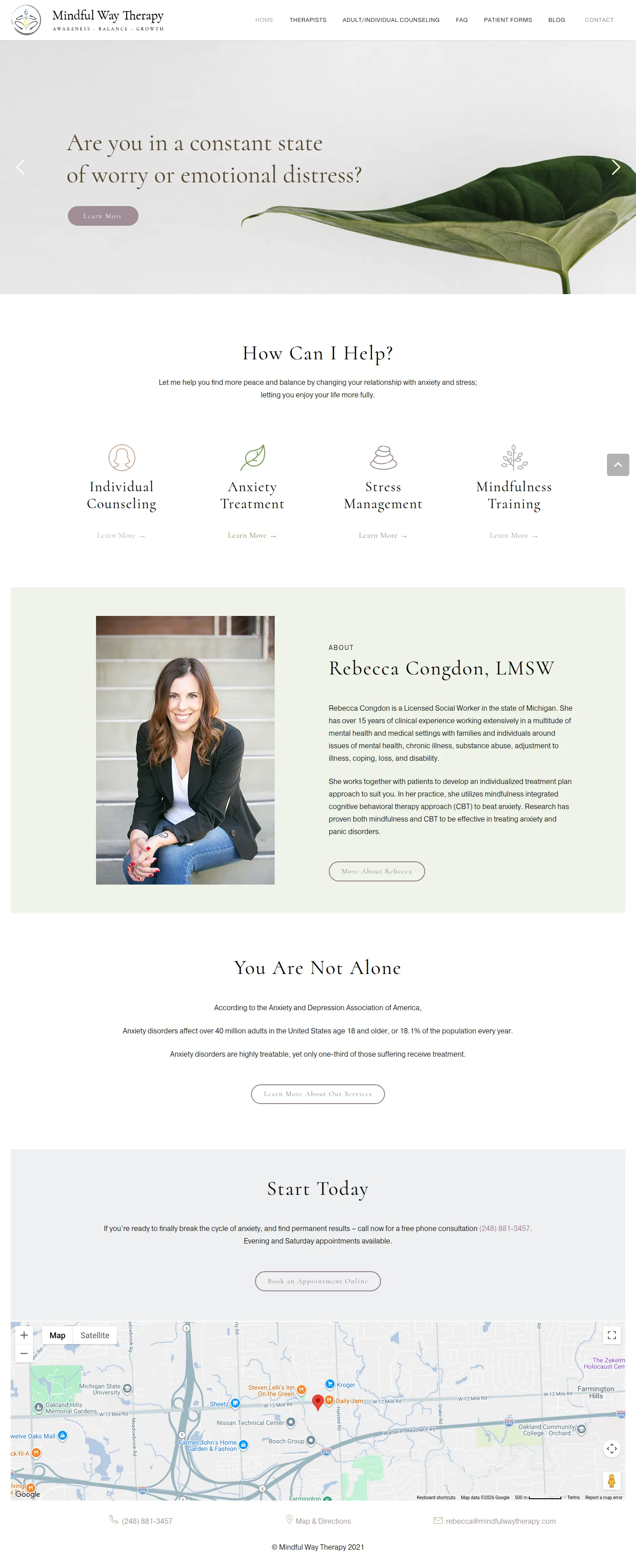 Mindful Way Therapy website design, full page