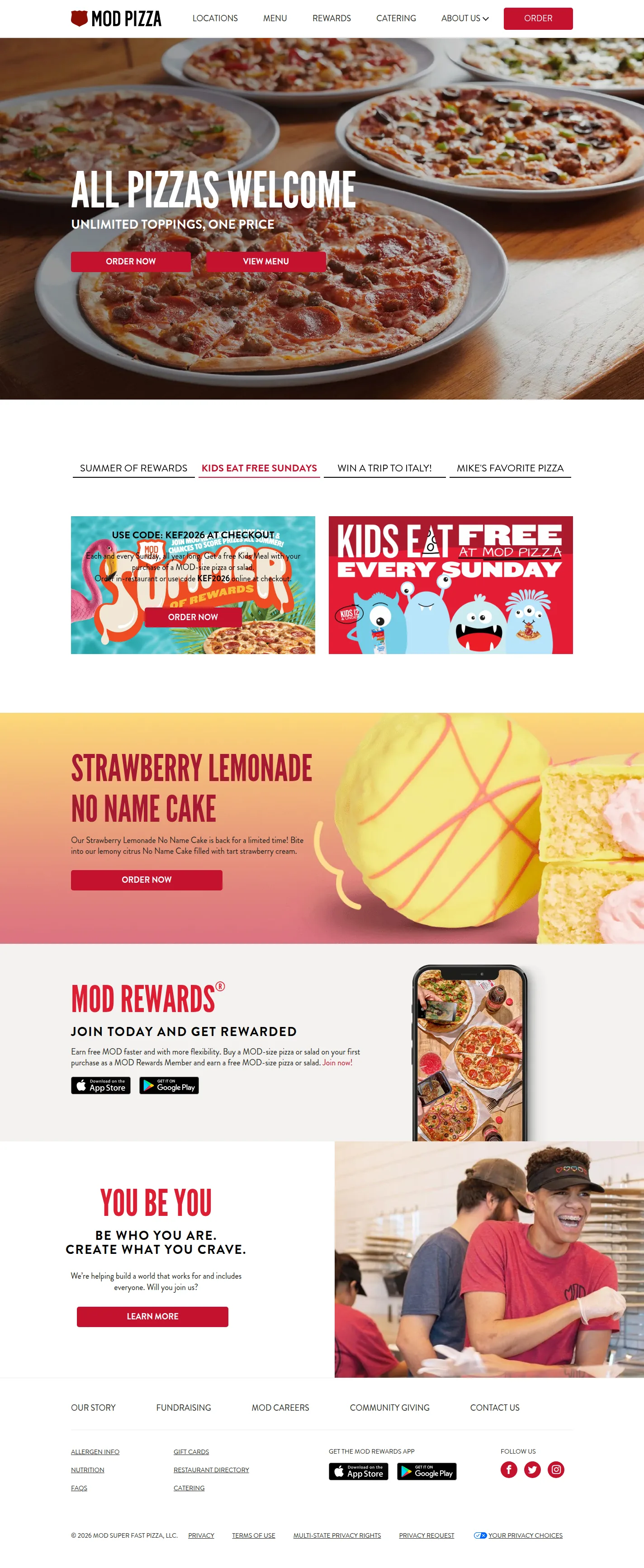 MOD Pizza website design, full page