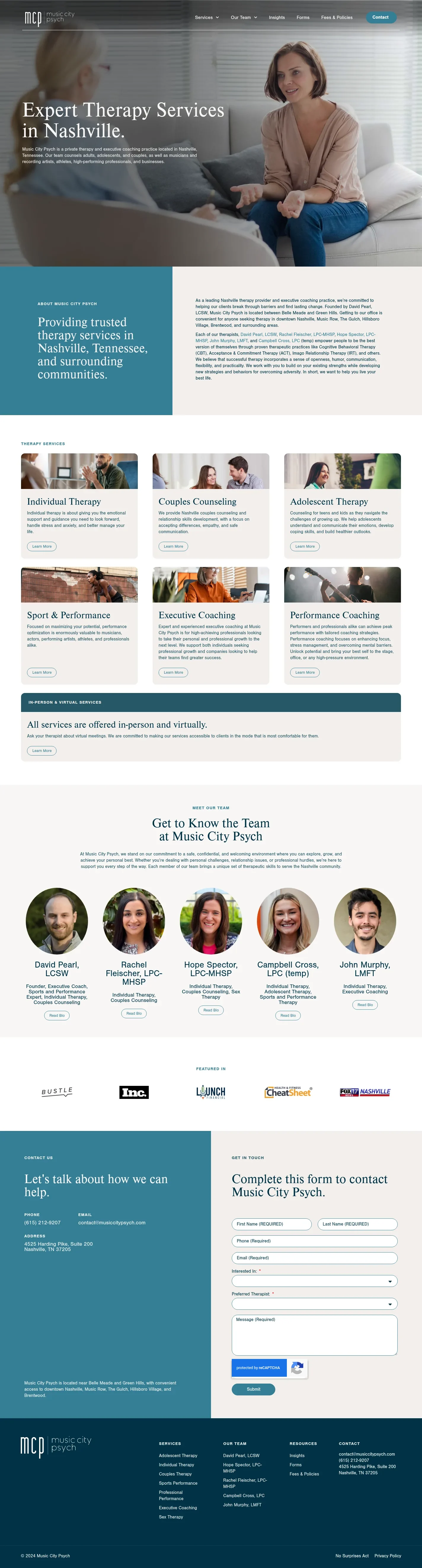 Music City Psych website design, full page
