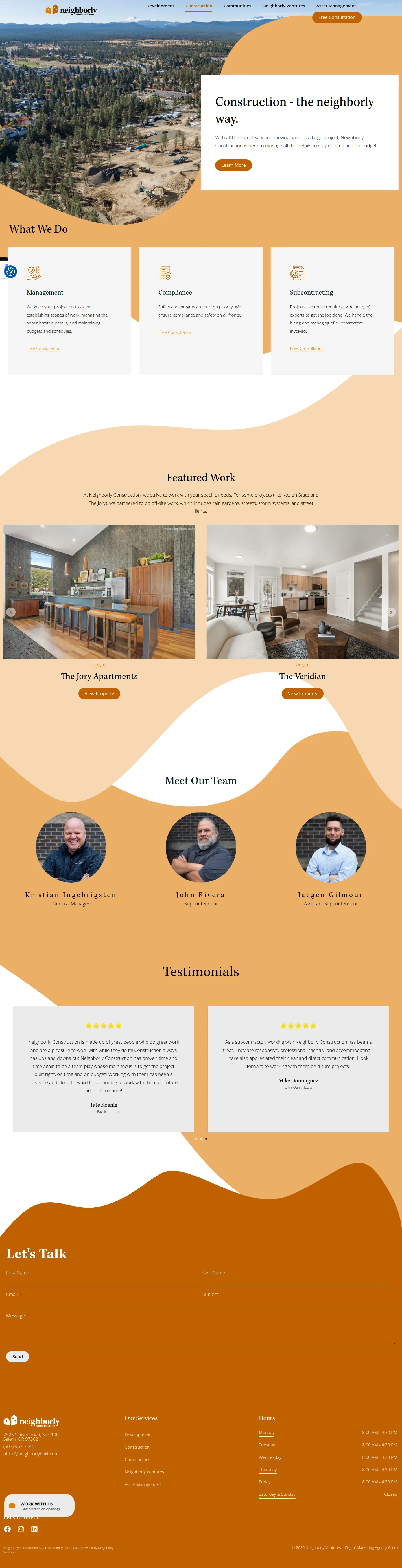 Neighborly Construction website design, full page
