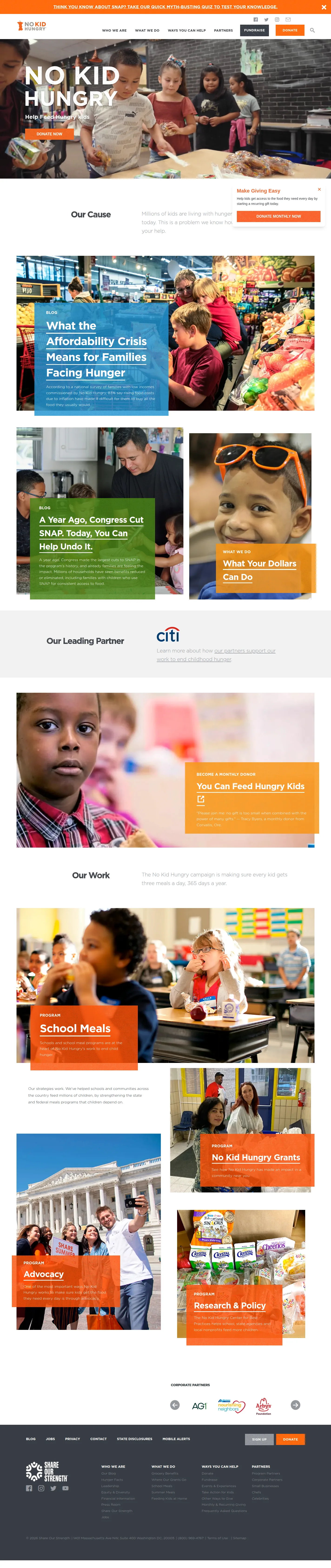 No Kid Hungry website design, full page