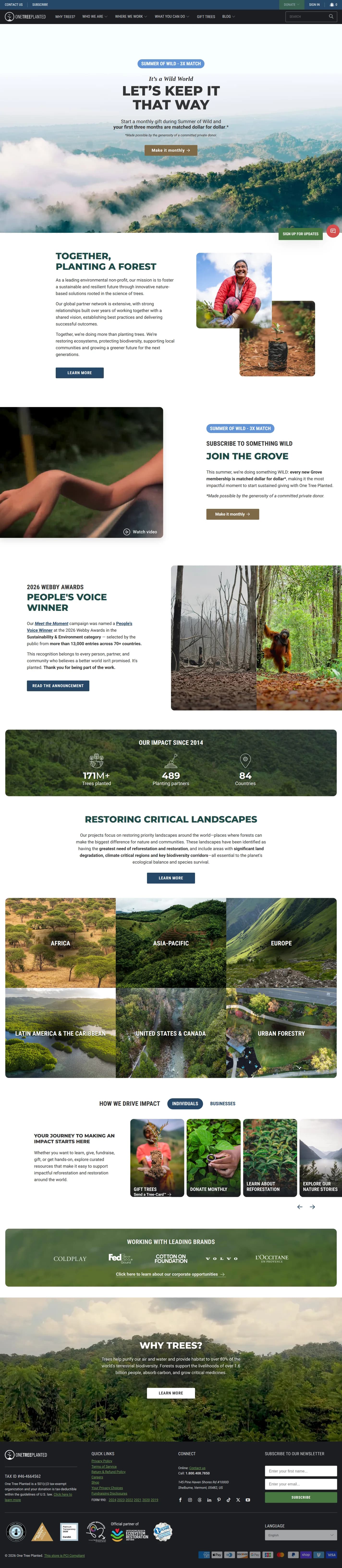 One Tree Planted website design, full page