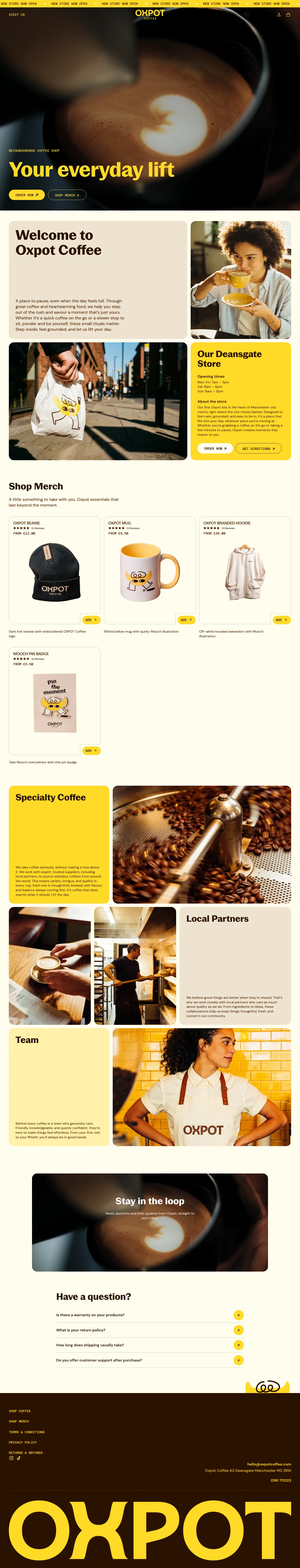 Oxpot Coffee website design, full page
