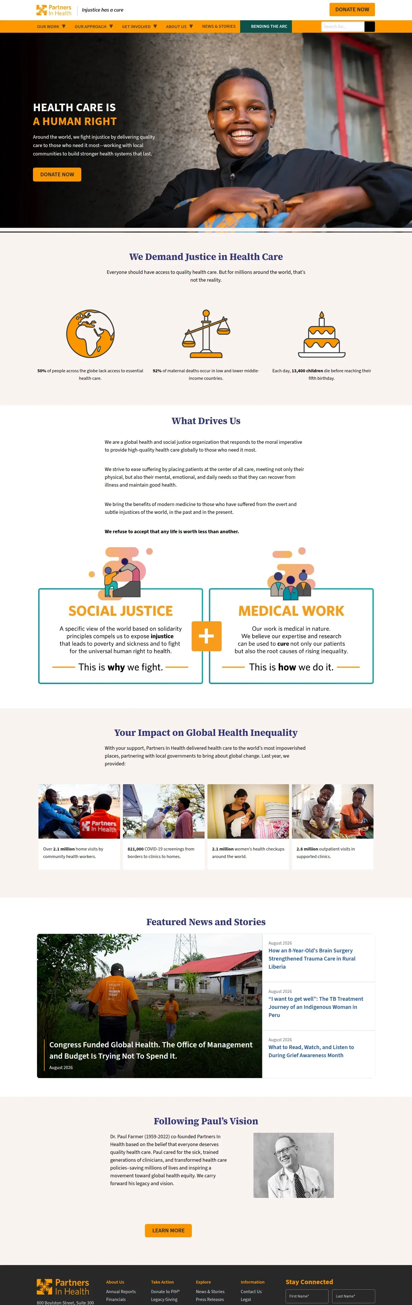 Partners In Health website design, full page