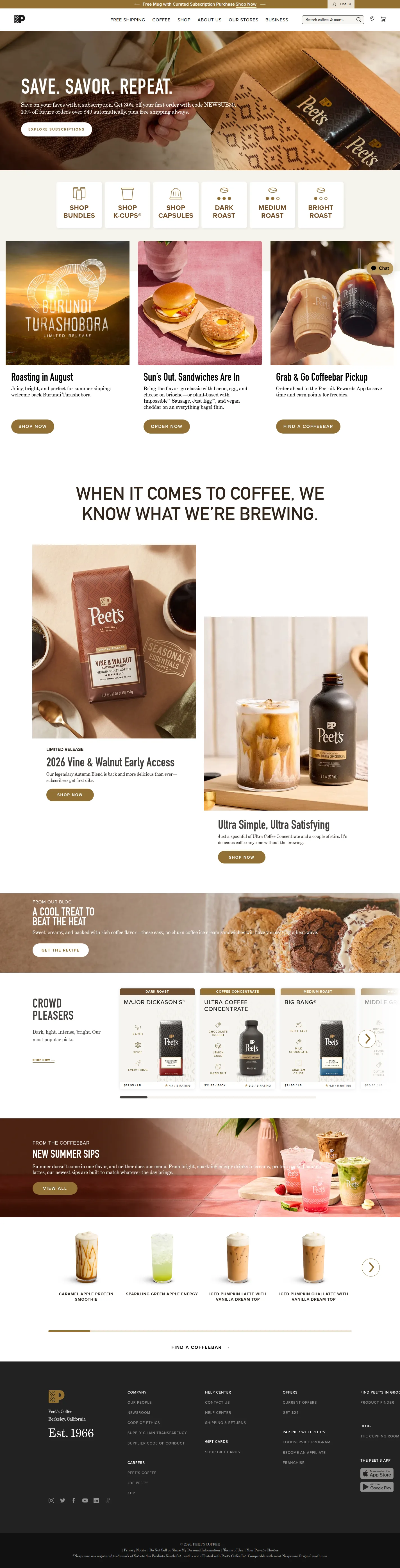 Peet’s Coffee website design, full page
