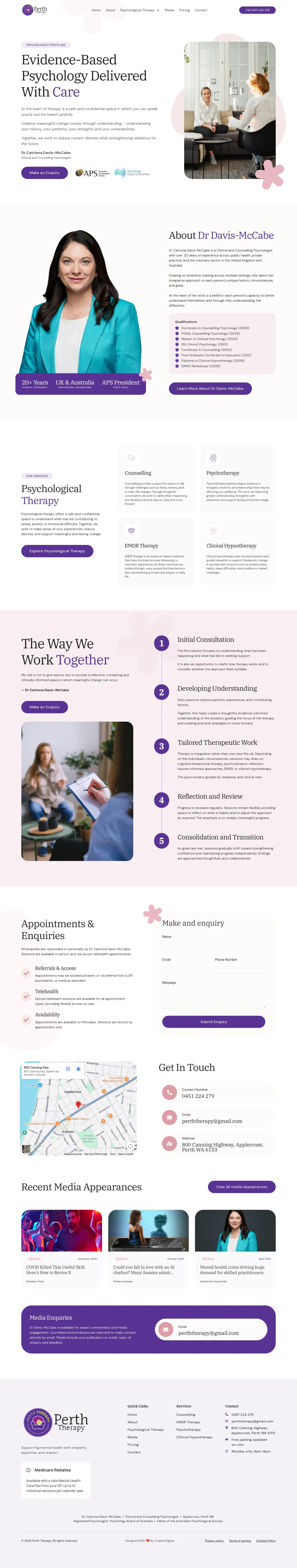 Perth Therapy website design, full page
