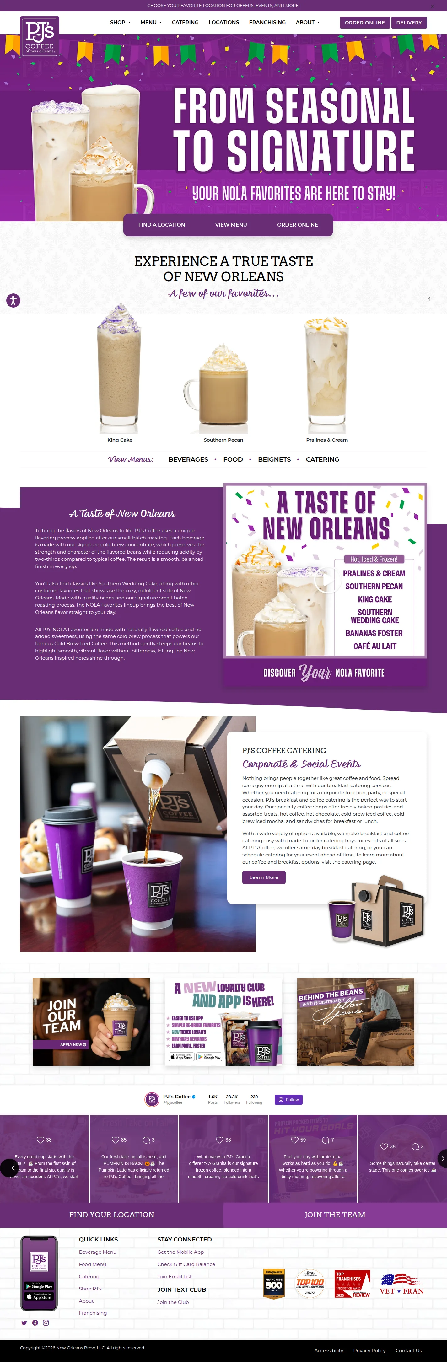 PJ’s Coffee website design, full page