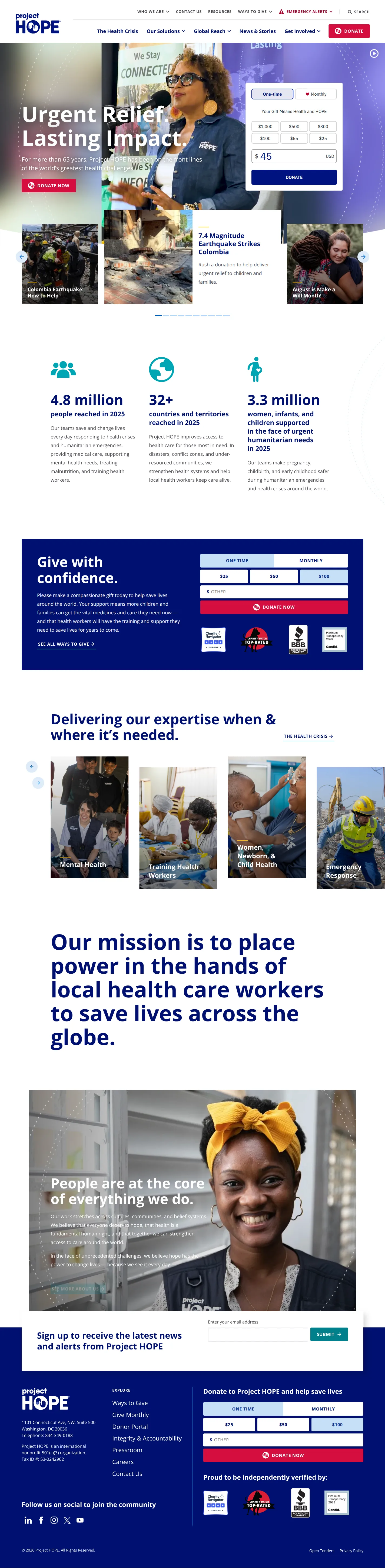 Project HOPE website design, full page