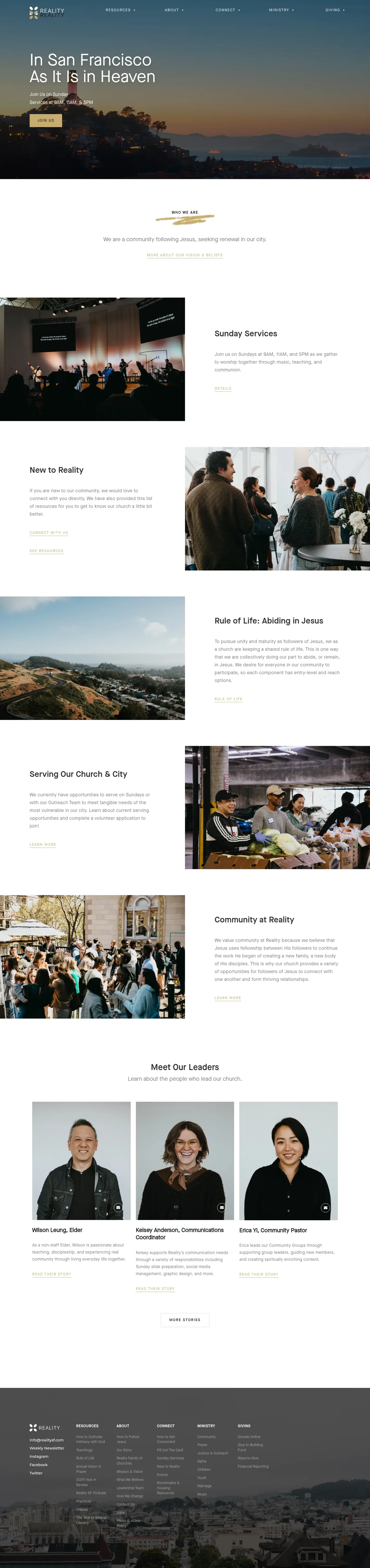 Reality SF website design, full page