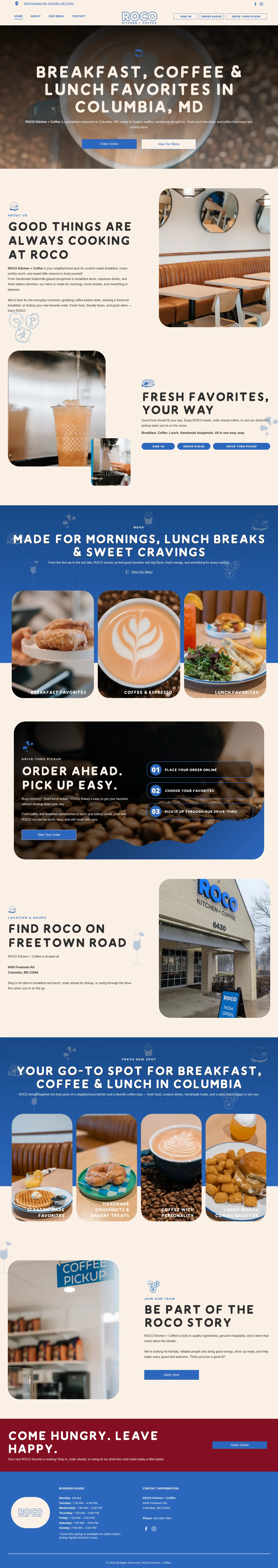 ROCO Kitchen + Coffee website design, full page