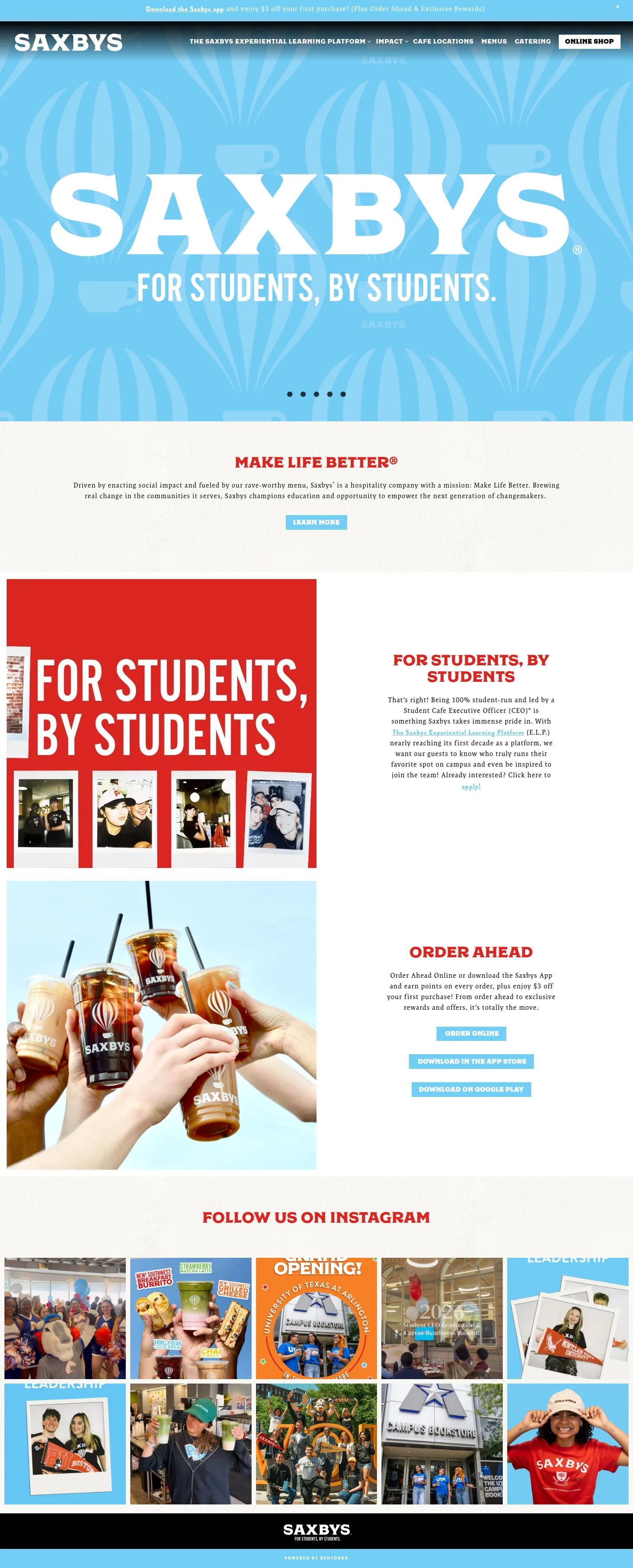 Saxbys website design, full page