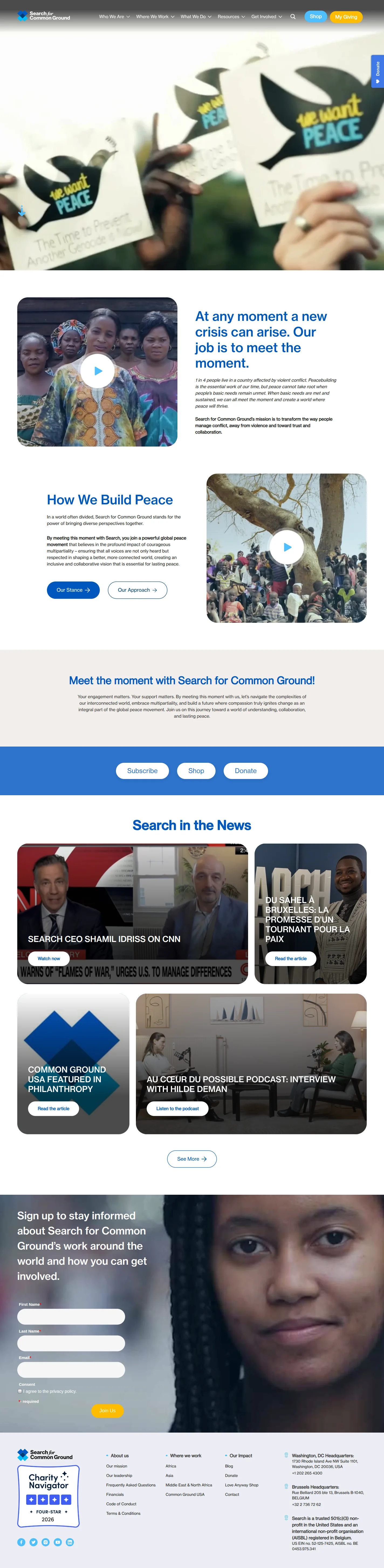 Search for Common Ground website design, full page