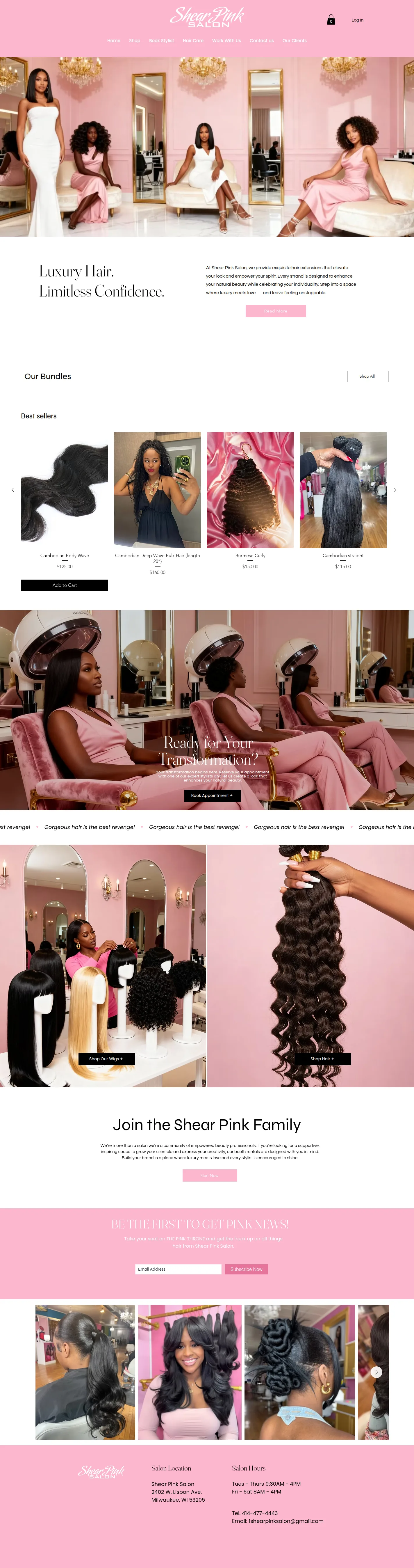 Shear Pink Salon website design, full page