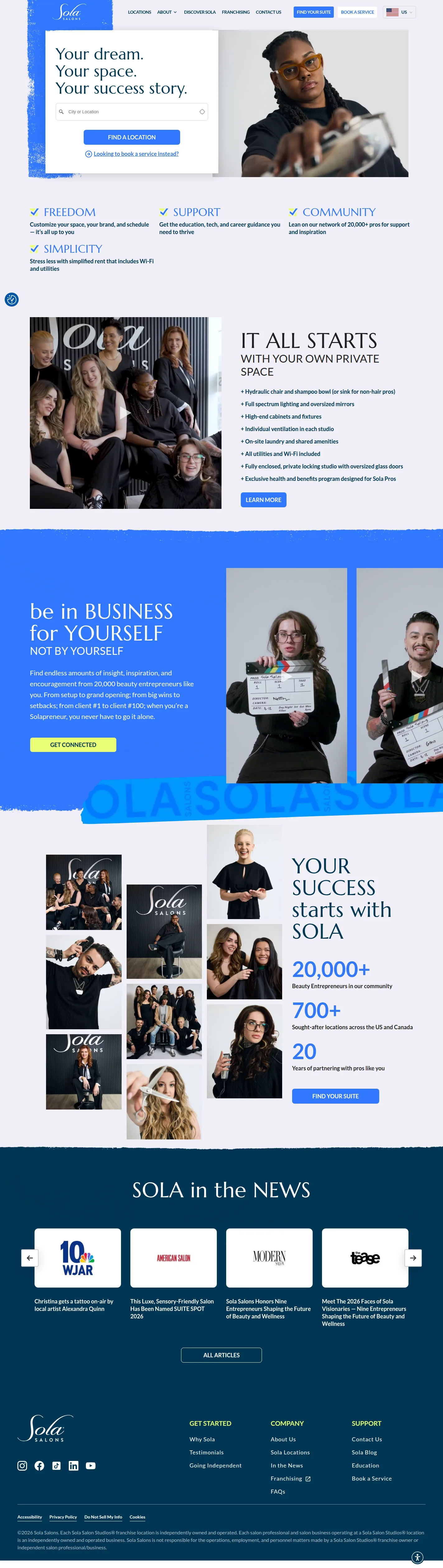 Sola Salons website design, full page