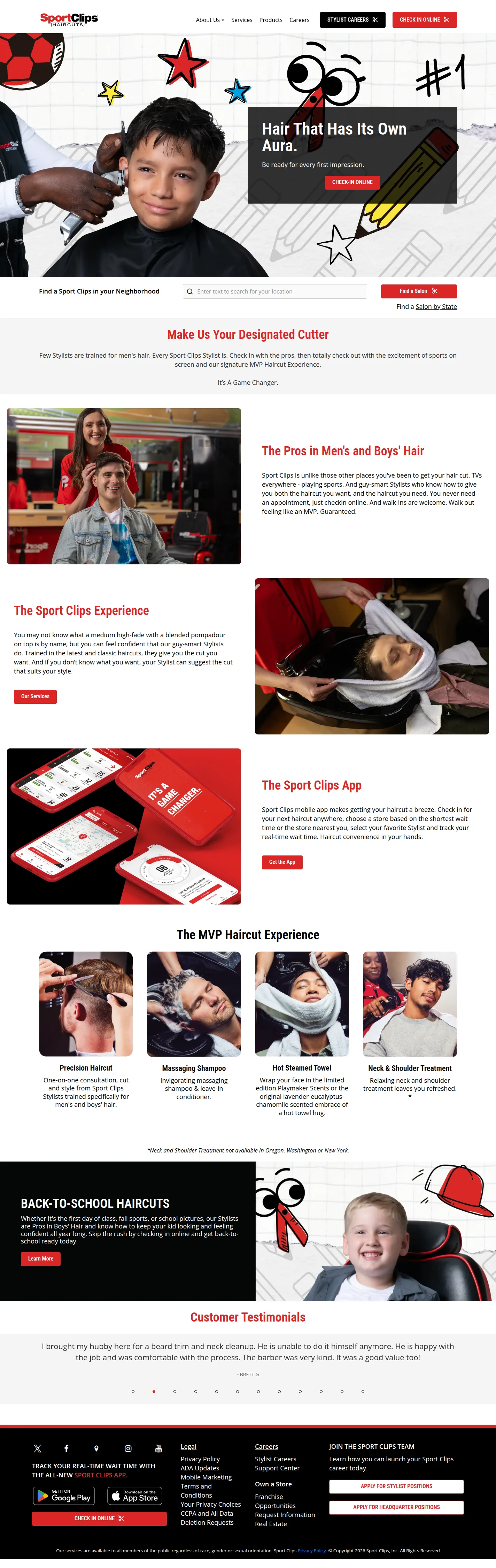 Sport Clips website design, full page