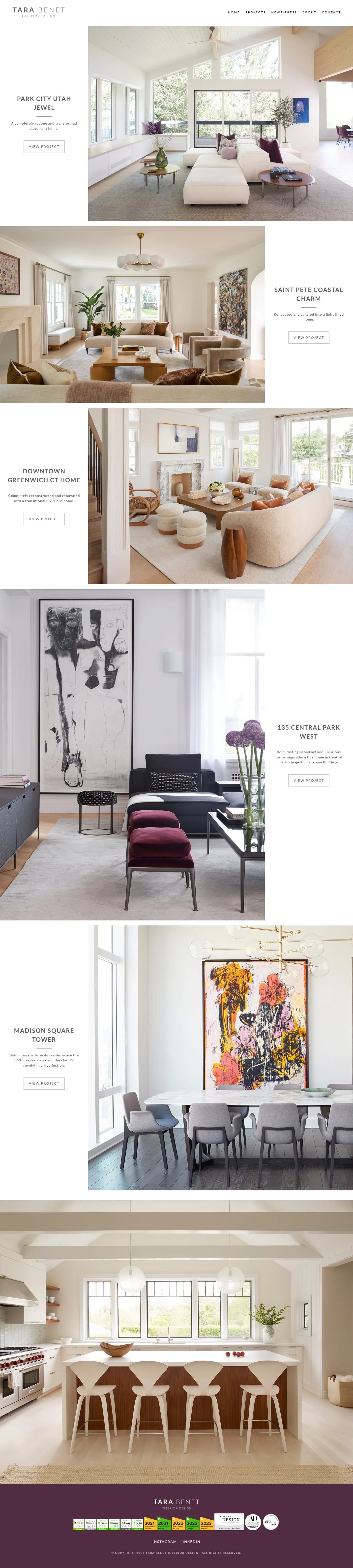 Tara Benet Interior Design website design, full page