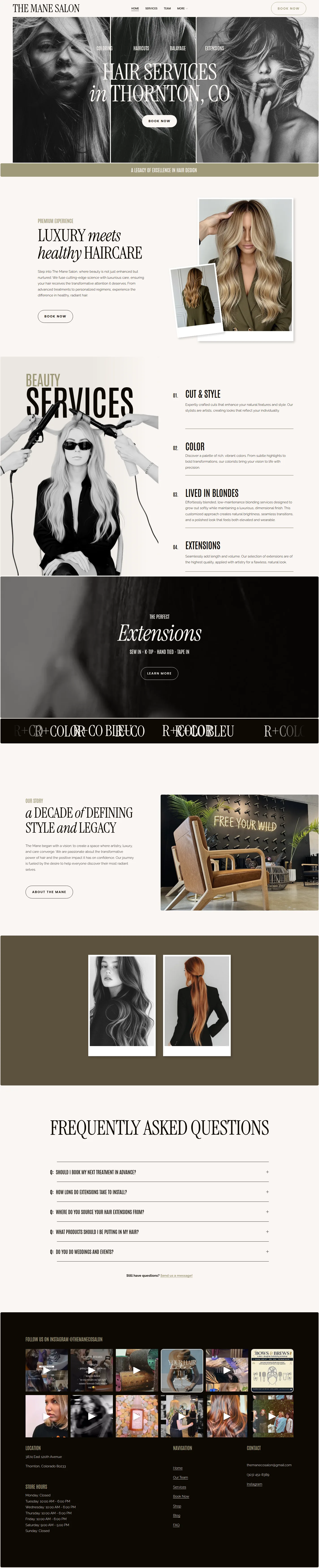 The Mane Salon website design, full page