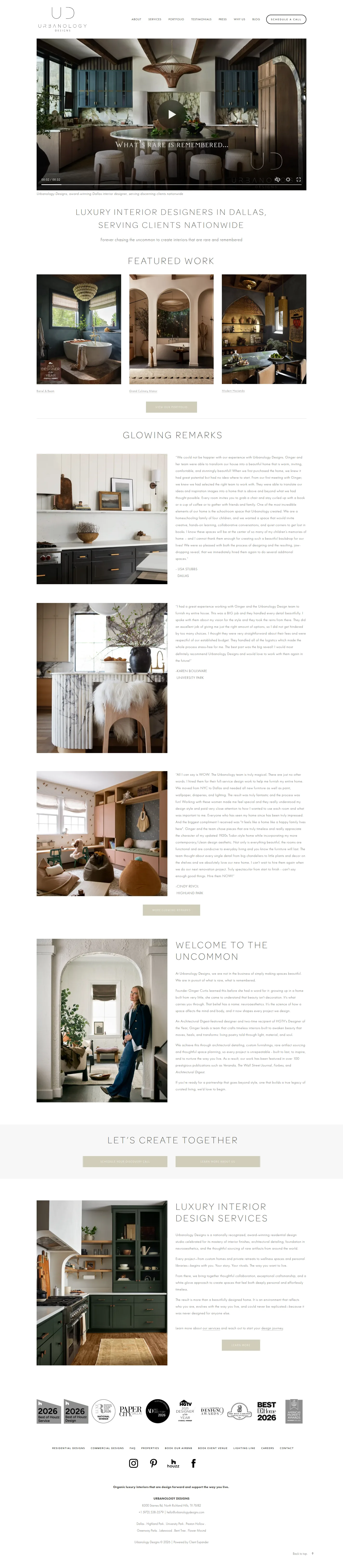 Urbanology Designs website design, full page