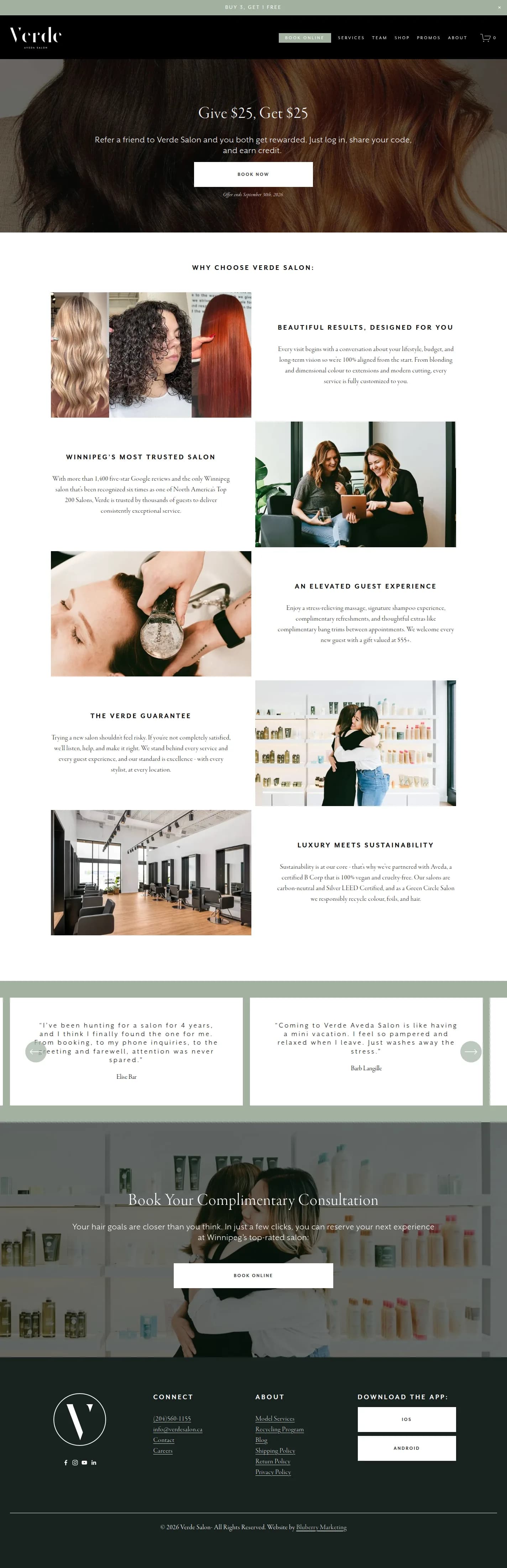 Verde Salon website design, full page