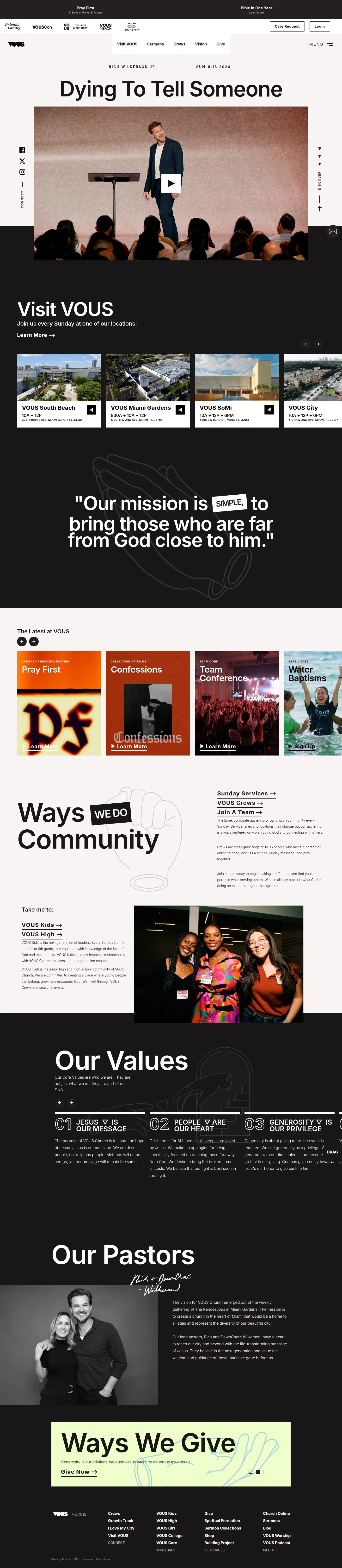 VOUS Church website design, full page