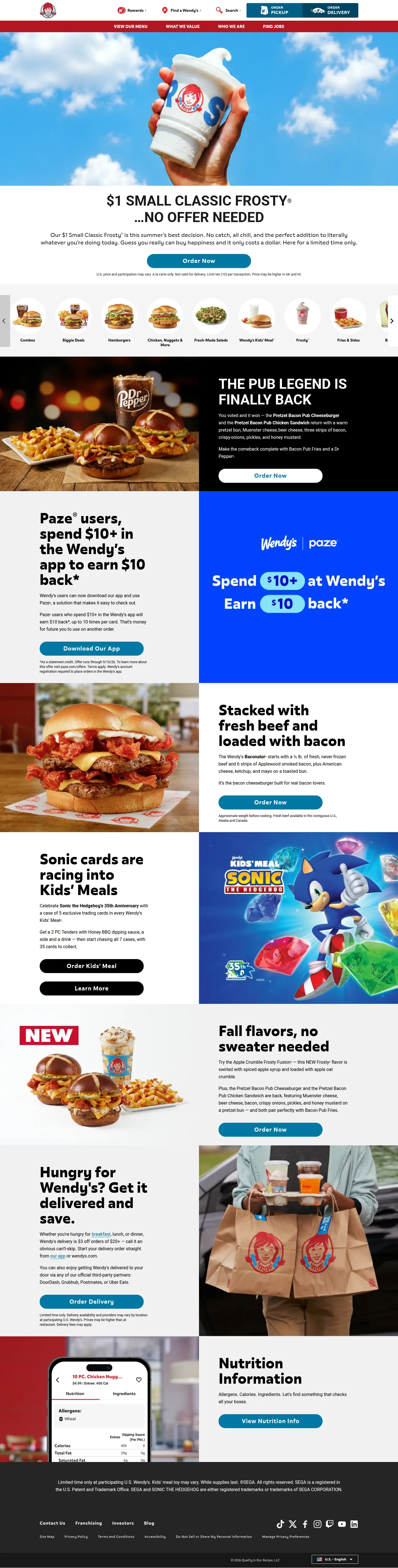 Wendy's website design, full page