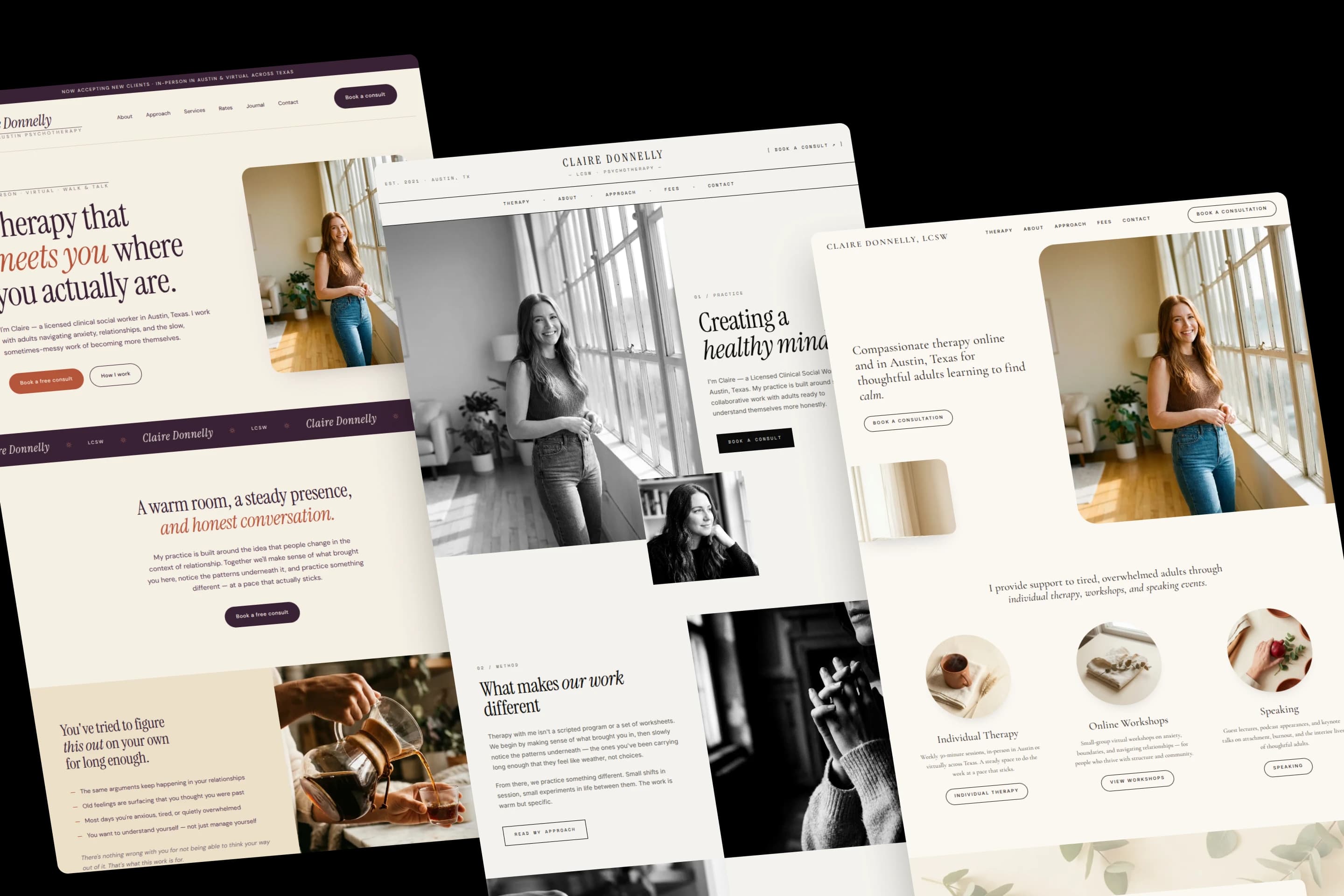 The same website generated in three different custom styles